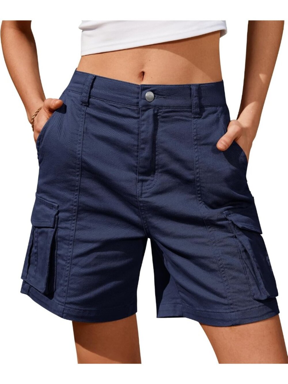 Knee-Length Cargo Bermuda Shorts for Women - 6 Pockets, Elastic Waist, Summer